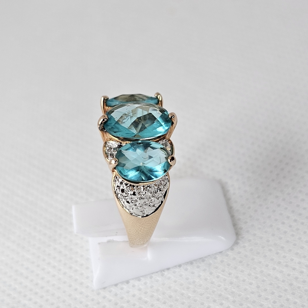 Stunning Caribbean Tourmaline & Diamond Ring Yellow Gold Vermeil Sz 7! - Picture 10 of 11